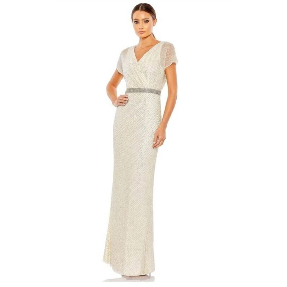 Mac Duggal Beaded Butterfly Sleeve Column Belted Gown Size 8 Nude Silver 93678